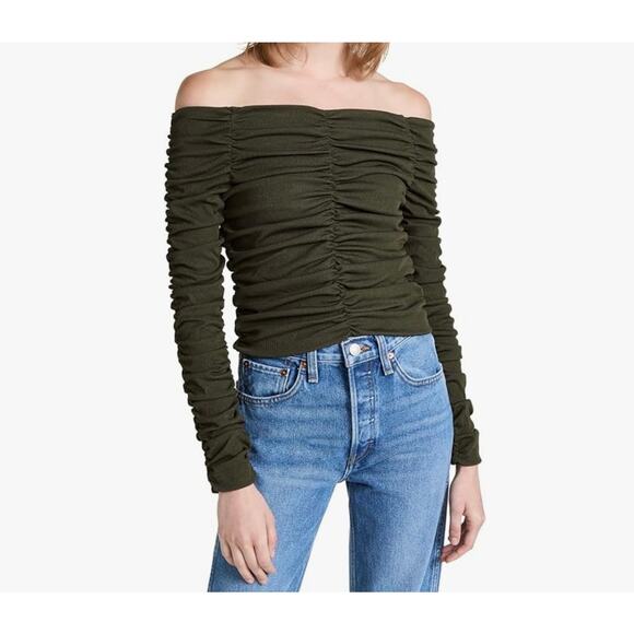 Line and Dot Billie Off Shoulder Top Ruching Stretchy Form Fitting Green Size M - Picture 2 of 14
